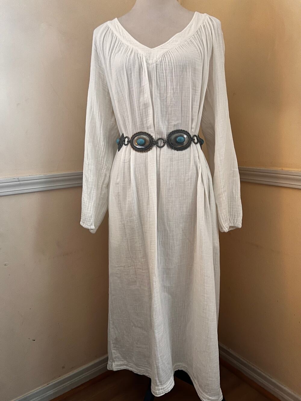 Xirena Large White Cotton Gauze Midi Maxi Dress Caftan Boho Coastal Chic Pockets